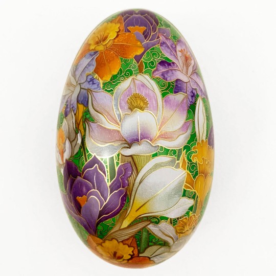 Crocus on Green Faux Cloisonne Metal Easter Egg Tin ~ 4-1/4" tall