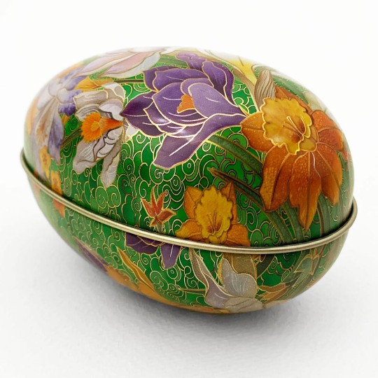 Crocus on Green Faux Cloisonne Metal Easter Egg Tin ~ 4-1/4" tall