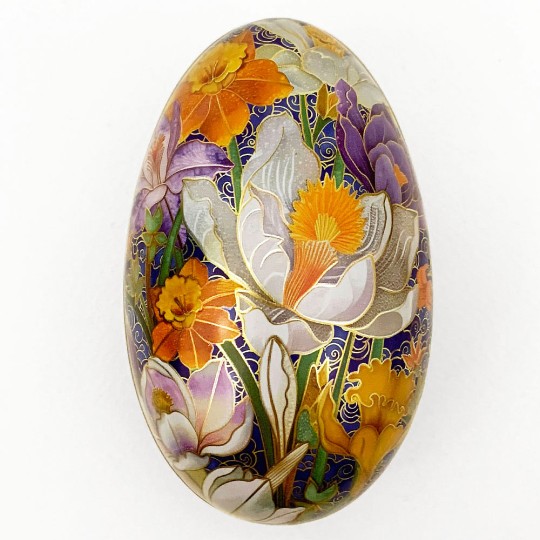 Crocus on Blue Faux Cloisonne Metal Easter Egg Tin ~ 4-1/4" tall