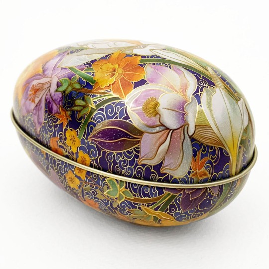 Crocus on Blue Faux Cloisonne Metal Easter Egg Tin ~ 4-1/4" tall