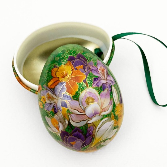 Crocus on Green Faux Cloisonne Metal Easter Egg Tin and Ornament ~ 2-3/4" tall