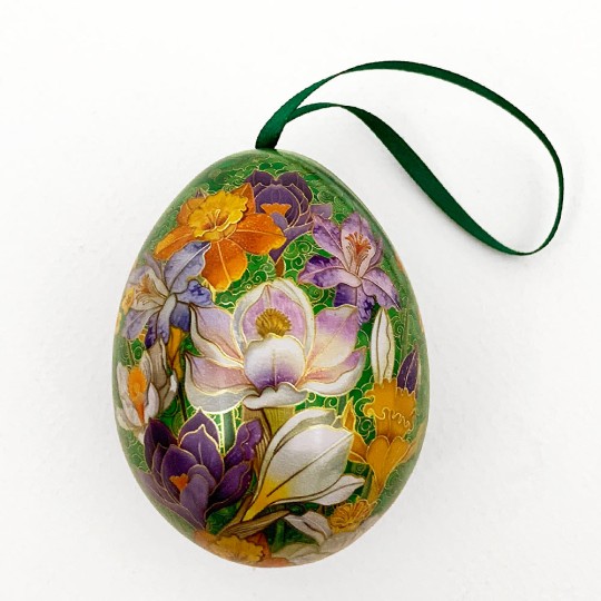 Crocus on Green Faux Cloisonne Metal Easter Egg Tin and Ornament ~ 2-3/4" tall