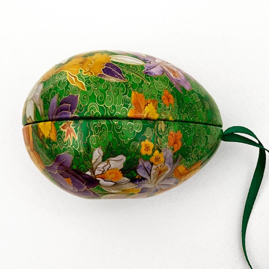 Crocus on Green Faux Cloisonne Metal Easter Egg Tin and Ornament ~ 2-3/4" tall