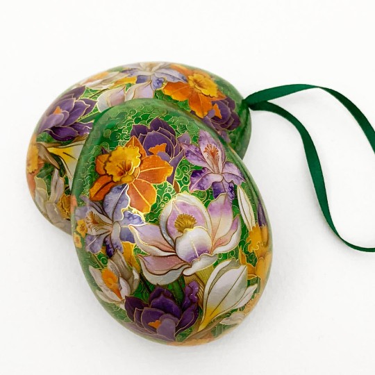 Crocus on Green Faux Cloisonne Metal Easter Egg Tin and Ornament ~ 2-3/4" tall