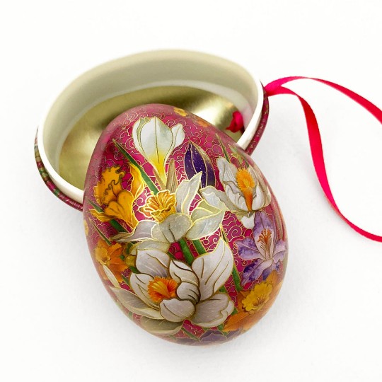 Crocus on Pink Faux Cloisonne Metal Easter Egg Tin and Ornament ~ 2-3/4" tall