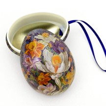 Crocus on Blue Faux Cloisonne Metal Easter Egg Tin and Ornament ~ 2-3/4" tall