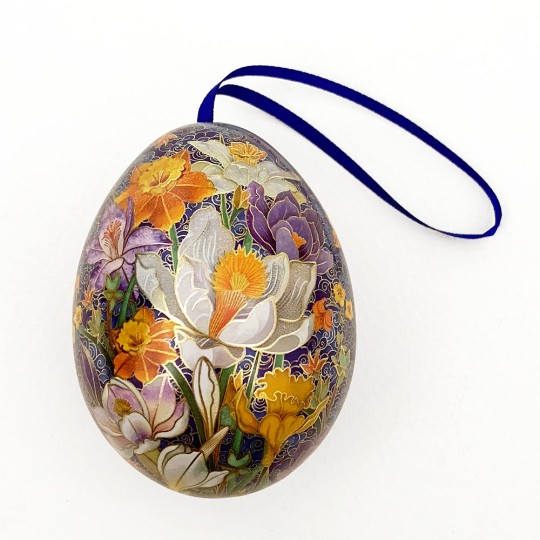 Crocus on Blue Faux Cloisonne Metal Easter Egg Tin and Ornament ~ 2-3/4" tall