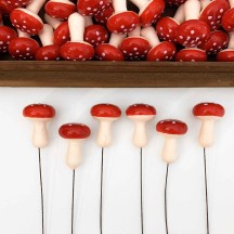 6 Spun Cotton Mushrooms Toadstools for Crafts ~ DARK RED on PINK ~ 25mm