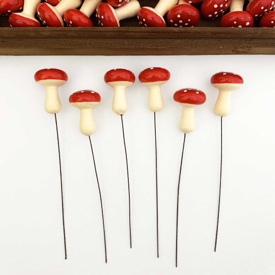 6 Spun Cotton Mushrooms Toadstools for Crafts ~ DARK RED on YELLOW ~ 25mm