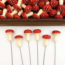 6 Spun Cotton Mushrooms Toadstools for Crafts ~ DARK RED on YELLOW ~ 25mm