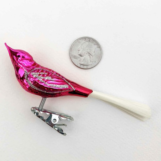 Shiny Hot Pink Clipping Bird Ornament ~ Germany ~ 3-3/4" long