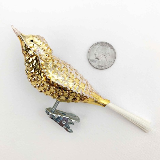 Gold Bumpy Bird Clipping Glass Christmas Ornament ~ Germany ~ 5-1/2" long