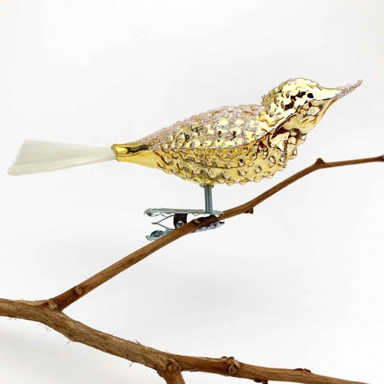 Gold Bumpy Bird Clipping Glass Christmas Ornament ~ Germany ~ 5-1/2" long