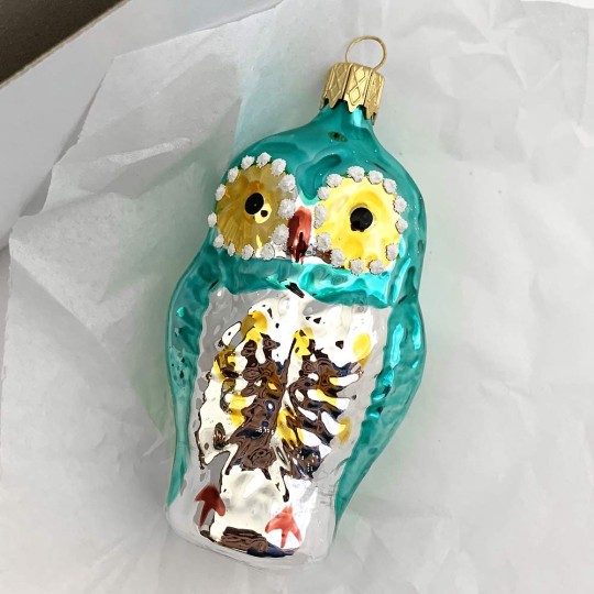 Aqua Owl Blown Glass Ornament ~ Czech Republic ~ 3-1/4" tall