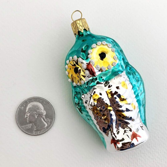 Aqua Owl Blown Glass Ornament ~ Czech Republic ~ 3-1/4" tall