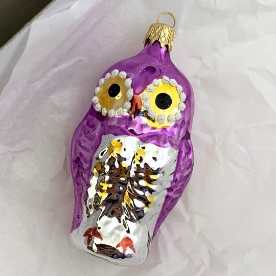 Violet Purple Owl Blown Glass Ornament ~ Czech Republic ~ 3-1/4" tall