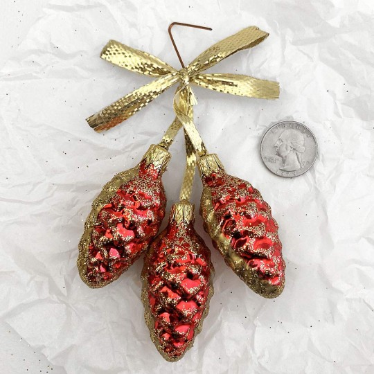 Red Pine Cone Cluster Christmas Ornament with Bow ~ 5" long