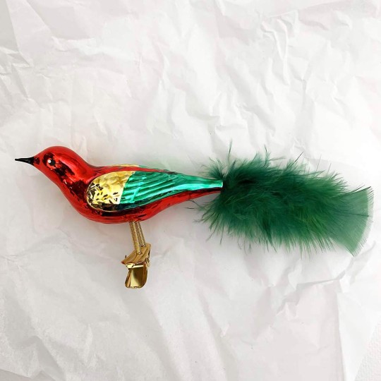 Red and Multi Blown Glass Clipping Bird Ornament ~ Czech Republic ~ 7" long