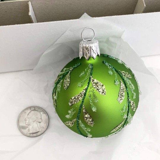 Green Glittered Ball Glass Ornament ~ Czech Republic ~ 2-1/4" across