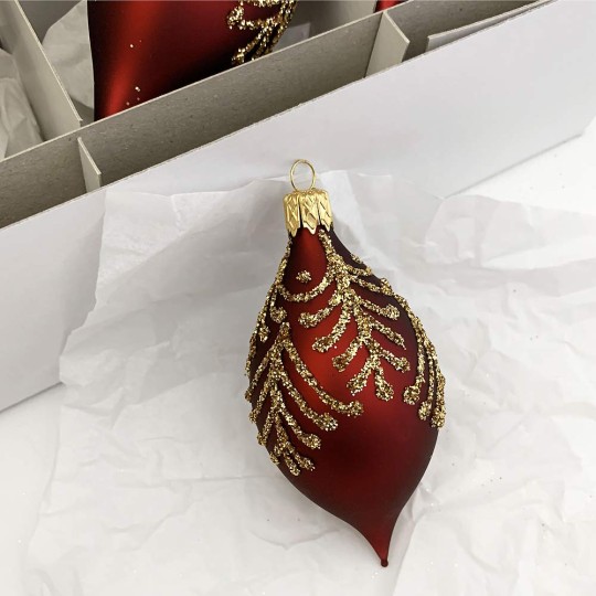 Burgundy Glittered Drop Glass Ornament ~ Czech Republic ~ 3-1/2" long