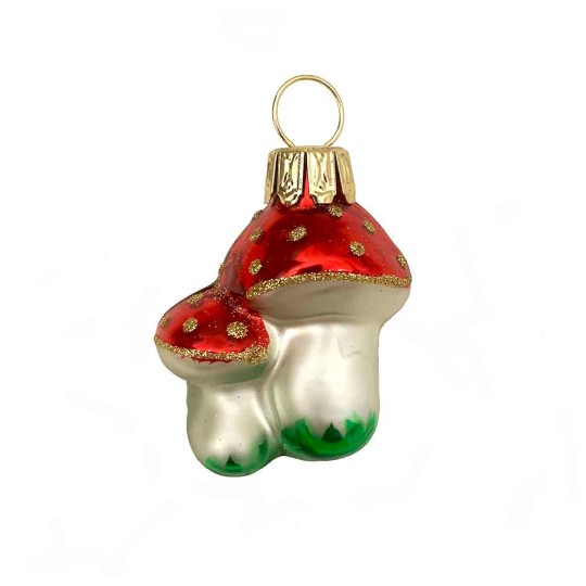 Mini Blown Glass Double Mushroom Ornament ~ 1-3/8" tall