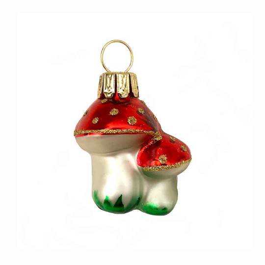 Mini Blown Glass Double Mushroom Ornament ~ 1-3/8" tall