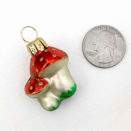 Mini Blown Glass Double Mushroom Ornament ~ 1-3/8" tall