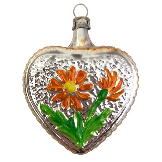 Floral Heart Blown Glass Ornament ~ Germany ~ 2-3/4" tall