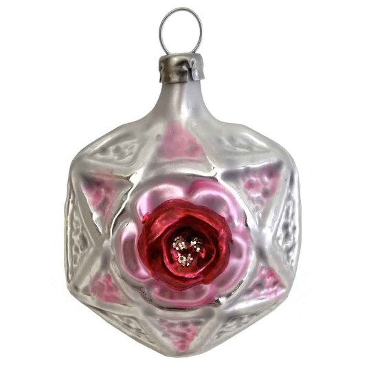 Silver and Pink Geometric Rose Star Glass Ornament ~ Germany ~ 2-1/4" tall