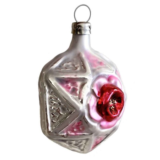 Silver and Pink Geometric Rose Star Glass Ornament ~ Germany ~ 2-1/4" tall