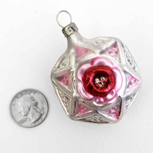 Silver and Pink Geometric Rose Star Glass Ornament ~ Germany ~ 2-1/4" tall