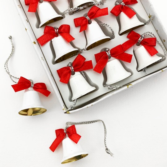 Retro White Miniature Christmas Bells with Bows ~ Set of 12 Ornaments