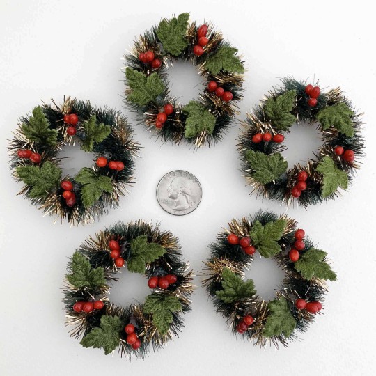 Retro Bottle Brush Christmas Mini Wreaths with Leaves and Berries~ Set of 2 ~ 2" across