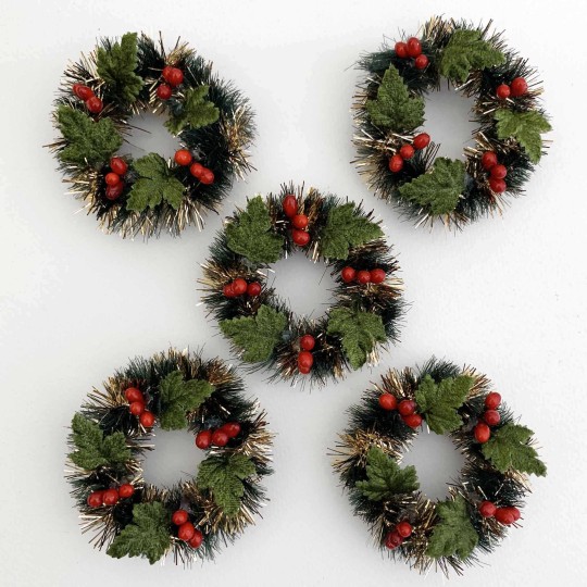 Retro Bottle Brush Christmas Mini Wreaths with Leaves and Berries~ Set of 2 ~ 2" across