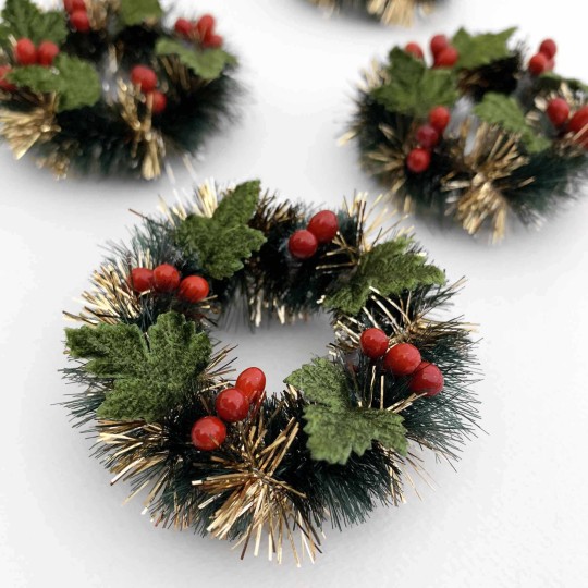 Retro Bottle Brush Christmas Mini Wreaths with Leaves and Berries~ Set of 2 ~ 2" across