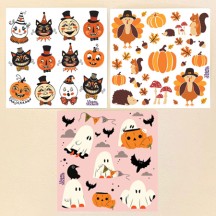 Petite Stickers of Retro Halloween Characters, Ghosts, Pumpkins and Turkeys ~ 3 Sheets