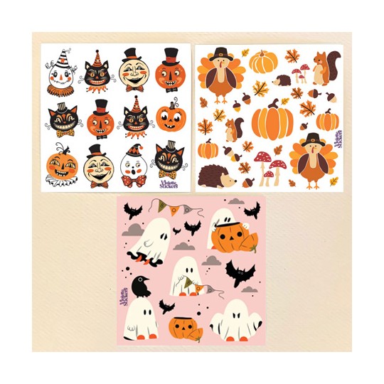 Petite Stickers of Retro Halloween Characters, Ghosts, Pumpkins and Turkeys ~ 3 Sheets