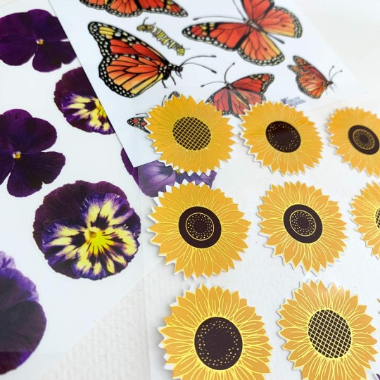 Petite Stickers of Pansies, Sunflowers, Monarch Butterflies ~ 3 Sheets